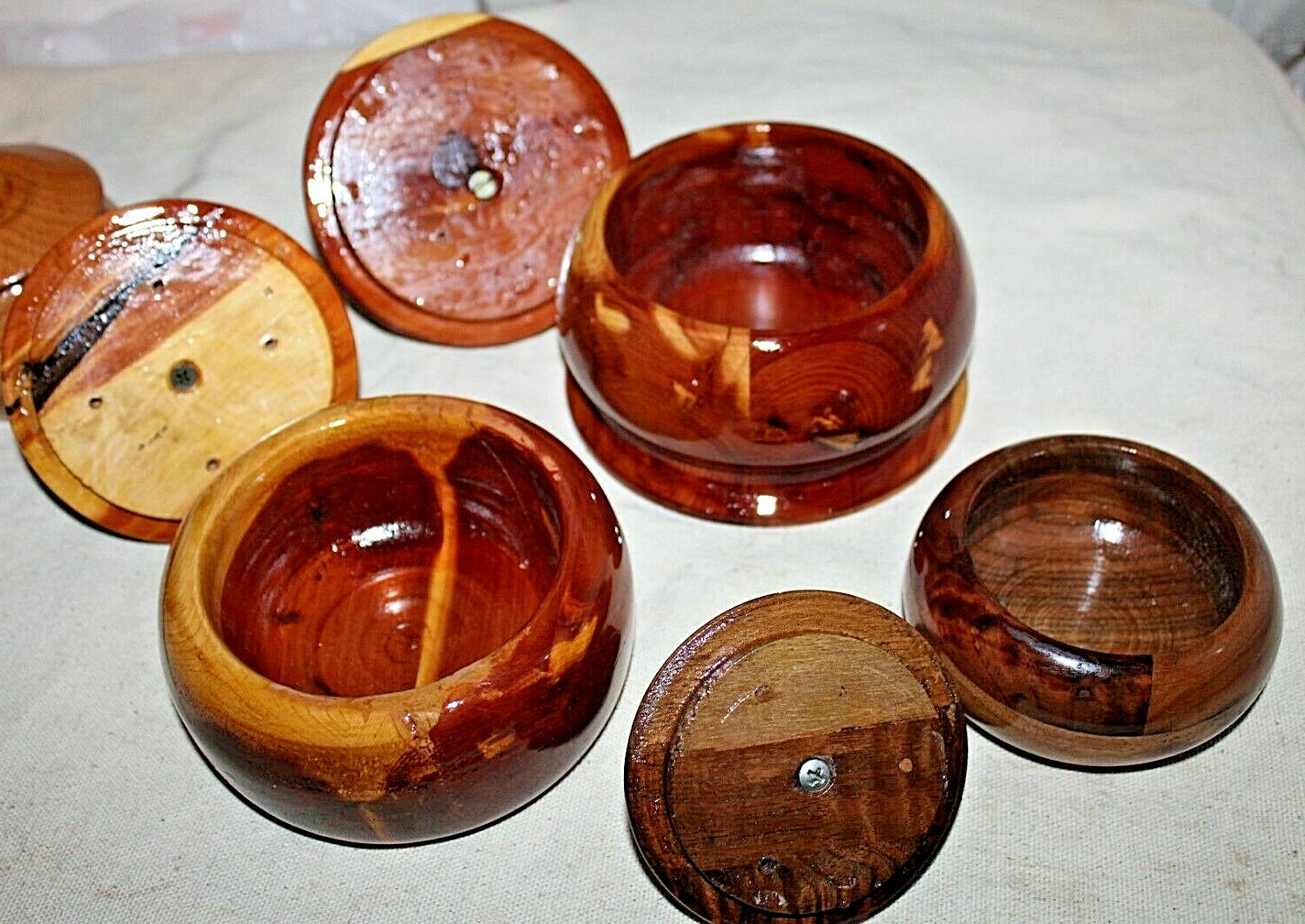 Lot of Vintage Round Mix Wood Trinket Box/Dish/Valet w/Lid/Cover~Handmade~Estate