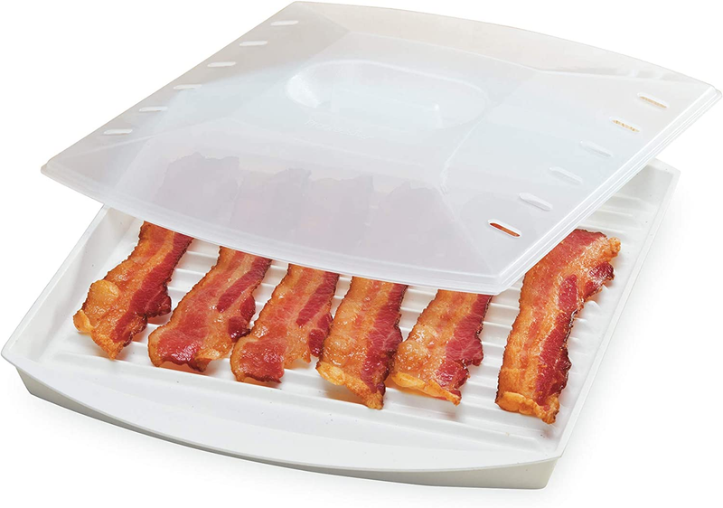 Microwave Bacon Grill Cooker Cookware Tray Rack Pan With Cover Kitchen White
