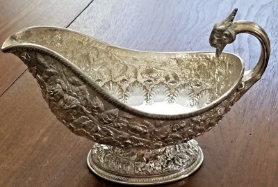 Tiffany Sterling Silver Pair Large GRAVY SAUCE BOAT Floral Repousse RAMS HEADS