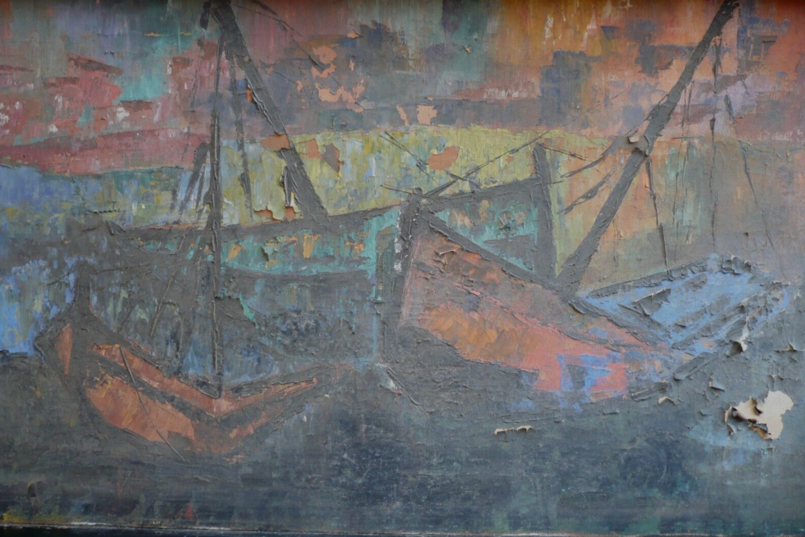 MYSTERY OLD ART - NEEDS RESTORATION, MODERN SEMI ABSTRACTION BOATS COLORFUL OIL