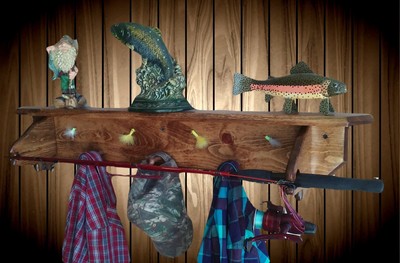 Wood Fish Pole Shelf Coat Hat Rack Rod Holder Home Cabin Fishing Decor Gift