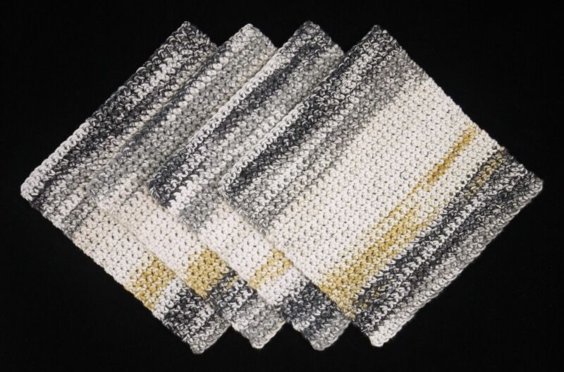 4 NEW 100% USA Cotton Hand Crochet Dishcloths / Washcloths - BLACK, GRAY & CREAM