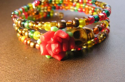 Day of the Dead Bracelet Wrap around Sugar Skull Yellow red flower Multi colors