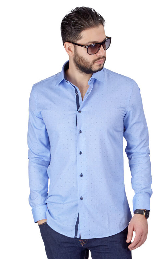 Slim Fit Men's Dress Shirt Bow Tie Print Contrast Trim Details Cotton AZAR MAN