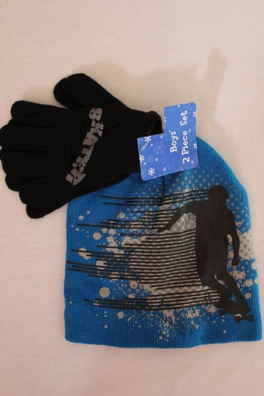 NEW Boys Beanie Hat Gloves 2pc Set Blue Black Skater Skateboard Acrylic Knit Cap