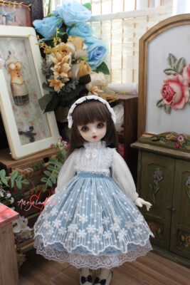 Lolita Embroidered Dress+Headwear Blue+White for Blythe 1/6 1/4 1/3 BJD Doll AOD