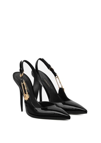 サンダル・ミュール VERSACE 'safety pin' patent leather sandals 1003205 D2VE Giày Nữ Versace Safety Pin Patent Sandals 'Black' 1003205