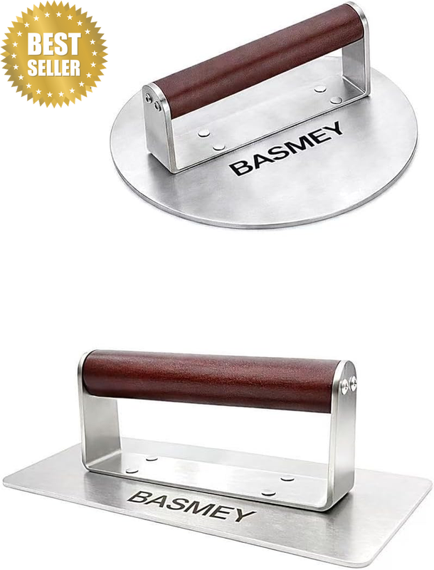 Heavy-Duty Stainless Steel Burger Press Set, 9 X 4.2 in Rectangular & 8.5 in rou