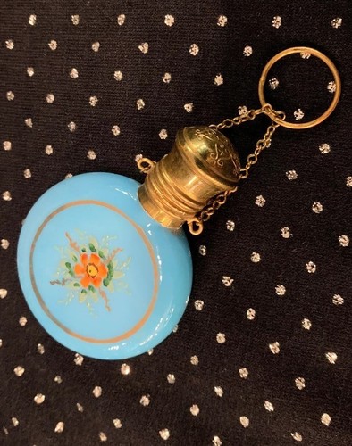 Sweet Antique Enamel Painted Blue Opaline Czech Glass Perfume Bottle