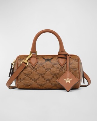MCM Ella Lauretos Monogram Mini Boston Bag Cognac