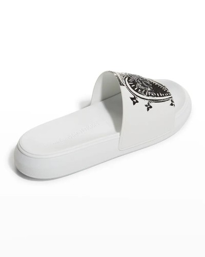 Pre-owned Alexander Mcqueen Men's Heart-print Logo Pool Slide Sandals In White