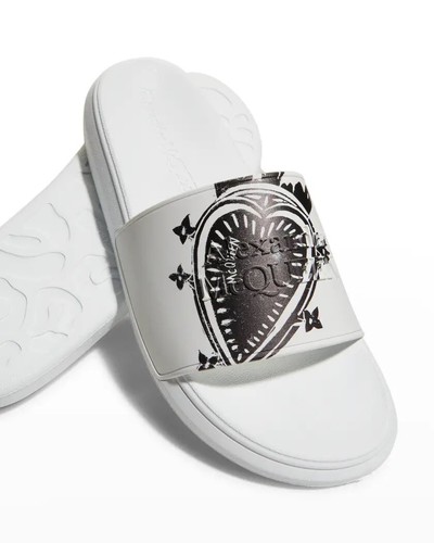 Pre-owned Alexander Mcqueen Men's Heart-print Logo Pool Slide Sandals In White