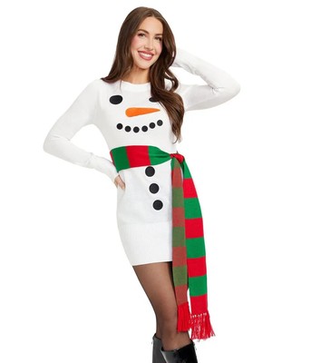 TIPSY ELVES SNOWMAN CHRISTMAS SWEATER DRESS WITH SCARF Women's Size XXL  WHITE