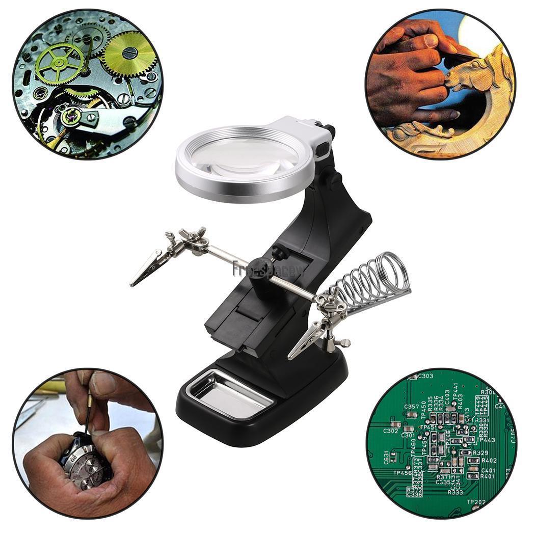 US Ship Helping Hand Soldering Stand With LED Light Magnifier Magnifying Glass