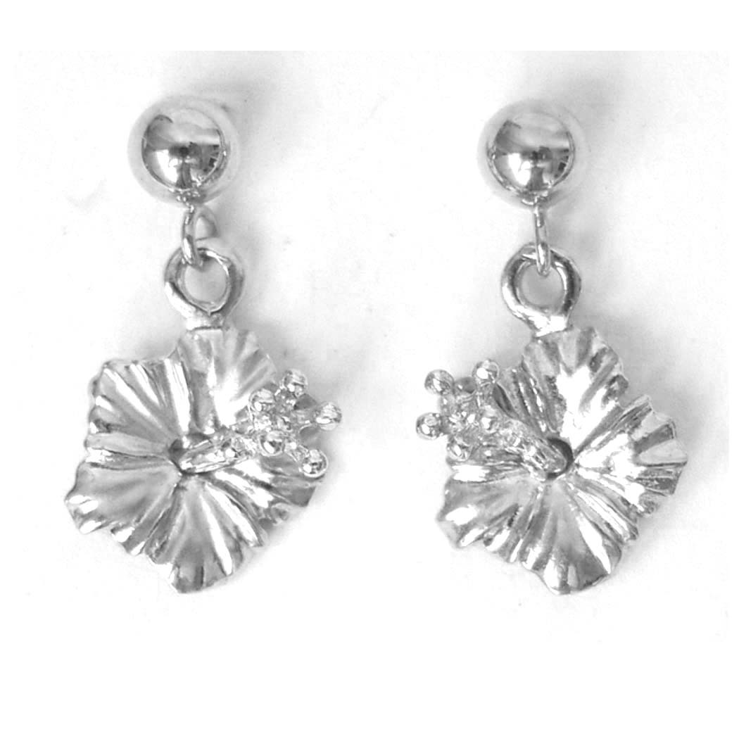 Pre-owned Hawaiian 14k Solid White Gold  Hibiscus Earring W: 9 Mm Length 12 Mm E2516-40