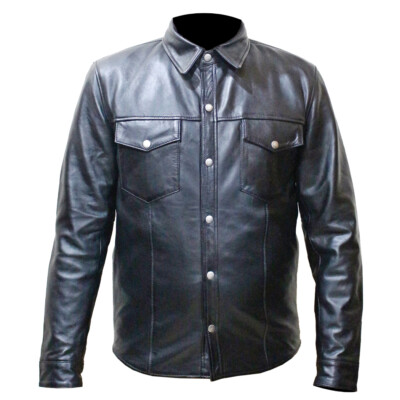 Perrini Mens Black Soft Leather Full Sleeve Button up Motorcycle Biker Dress Sh