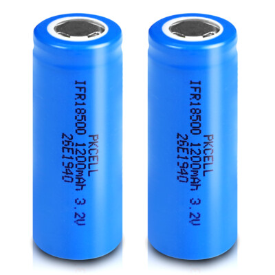 2 x IFR18500 Rechargeable 3.2V 1200mAh LiFePO4 Battery Flat Top For Lights
