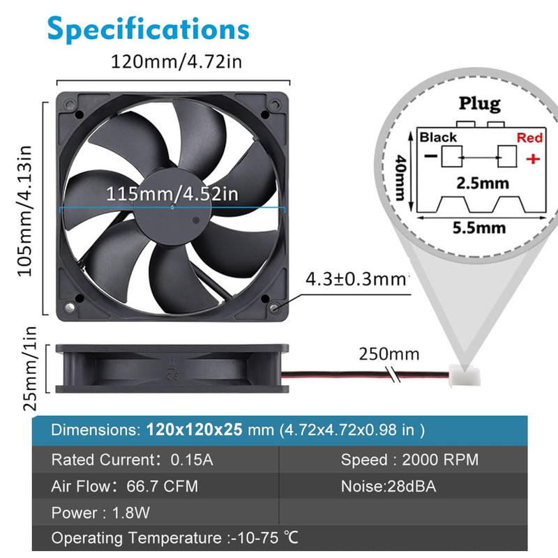 120Mm X 25Mm 12V Computer Case Cooling Fan 12 Volt 2Pin High High Performance DC