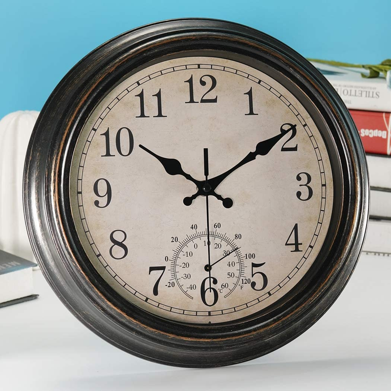 12 Inch Indoor Outdoor Wall Clock with Thermometer,Battery Operated Waterproof C