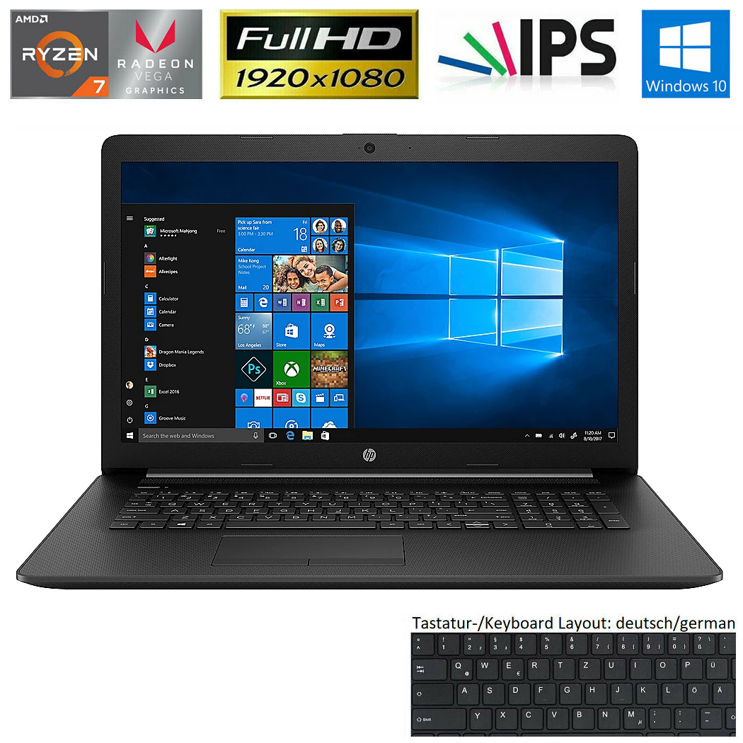 HP Notebook 17,3 Zoll AMD Ryzen 7 3700U 16GB DDR4 512GB SSD FHD IPS Win10 Laptop