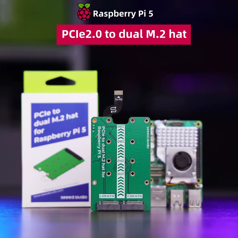 PCIe2.0 to dual M.2 hat for Raspberry Pi 5, Support NVMe SSD, PCIe Gen2 x1 Suppo