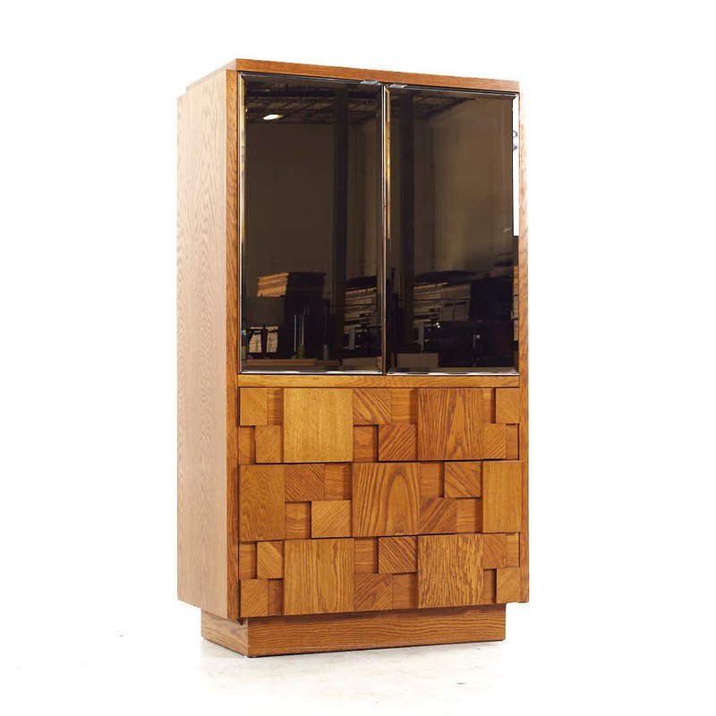 Lane Staccato Mid Century Oak Brutalist Mirrored Armoire