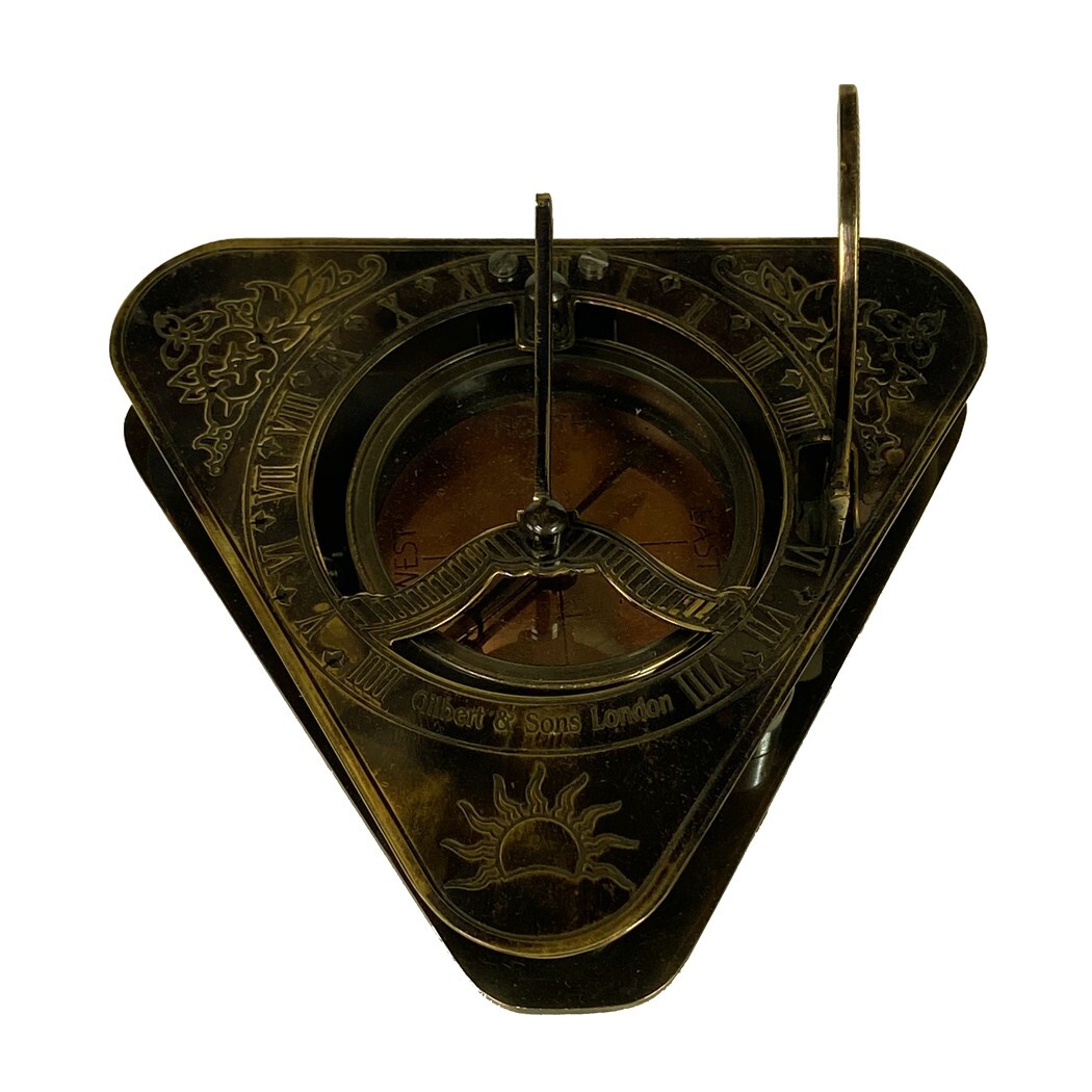 4-1/2" Antiqued Brass Sundial Compass with Wooden Box- Antique Reproduction