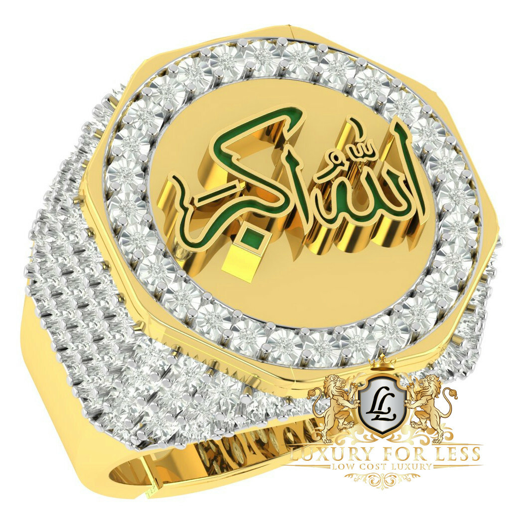 Pre-owned Us Diamond King Men's Genuine Diamond 10k Gold Over Allahu Akbar Muslim Islamic Ring Allah Band In Yellow Gold Finish