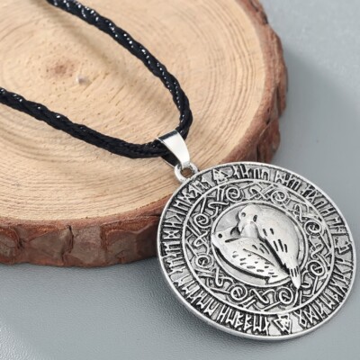 Viking Norse Odins Ravens Birds Runes Amulet Necklace Pendant Free Gift Bag