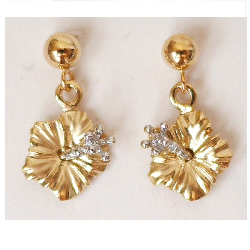 Pre-owned Hawaiian 14k Solid Yellow Gold  Hibiscus Earring W: 9 Mm Length 12 Mm E2515-50