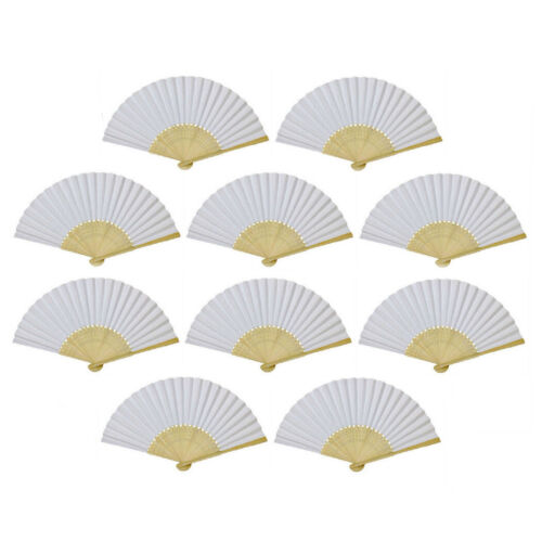 10 WHITE FANS Folding Paper Hand Fan Pocket Wedding Plain Bamboo Set Lot Ten Pcs