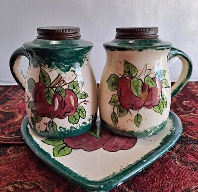Vintage Green and Red Apple Salt and Pepper Shaker Set on a Spoon Rest Plate