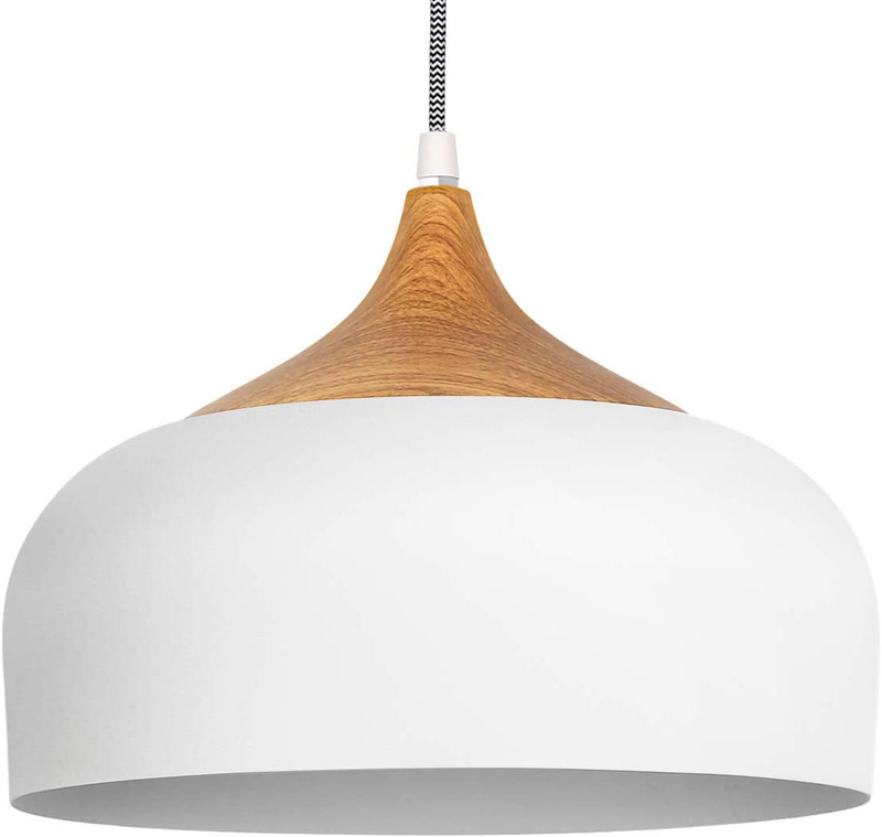 Pendant Light Modern Lantern Lighting with LED Bulb, Wood Pattern Dome Minimalis