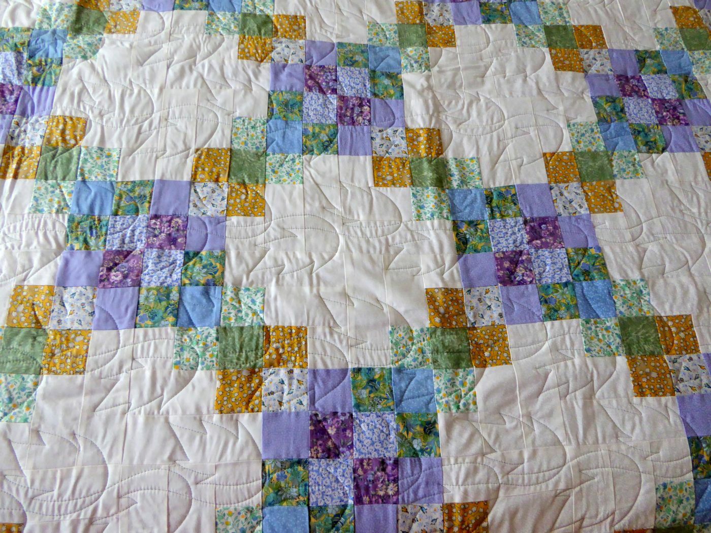 Beautiful New Hand Made Queen Size Square Block Pattern Quilt / Greens Purples++