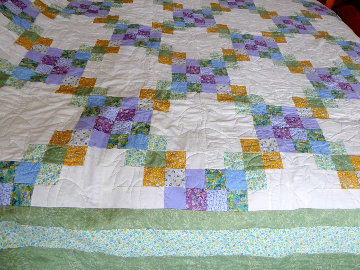 Beautiful New Hand Made Queen Size Square Block Pattern Quilt / Greens Purples++