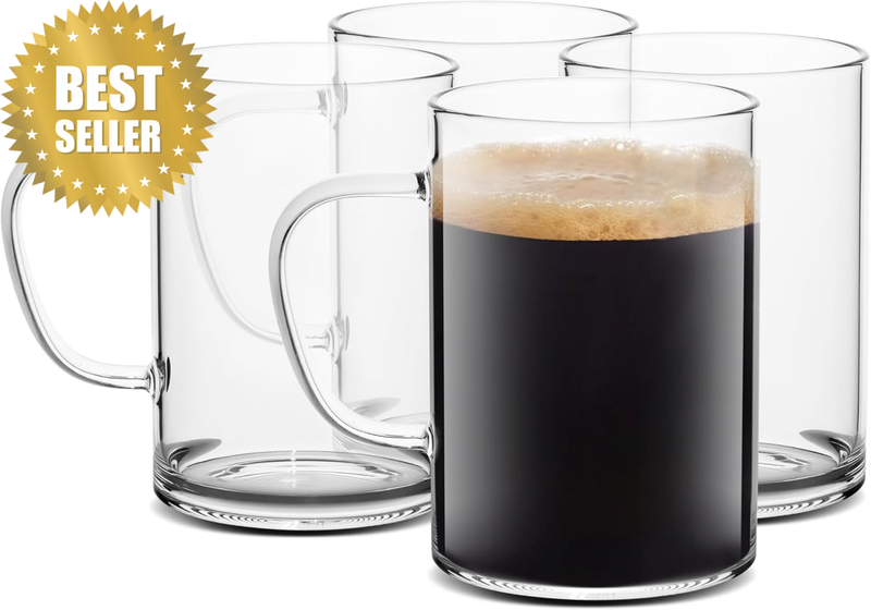 Glass Coffee Mugs Set of 4,Large Wide Mouth Mocha Hot Beverage Mugs(18 Oz),Clear