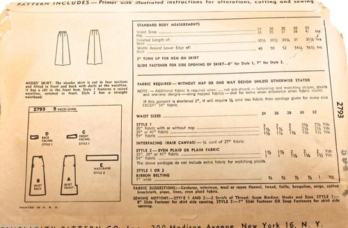 VTG 1940s Sewing Pattern Simplicity #2793 Slim  Pencil Skirt Waist 26 Hip 35