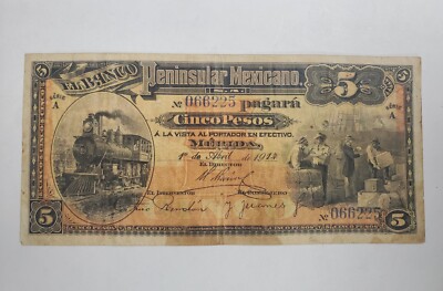 1914 EL Banco Peninsular Mexicano Cinco Pesos