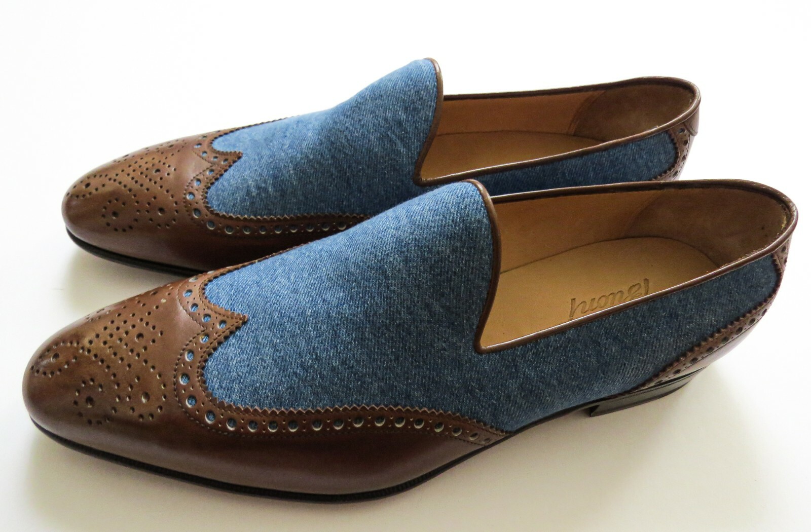 Pre-owned Brioni $1225  Brogue Two Tone Denim Leather Loafers Shoes 9.5 Us 42.5 Euro 8.5 Uk In Multicolor