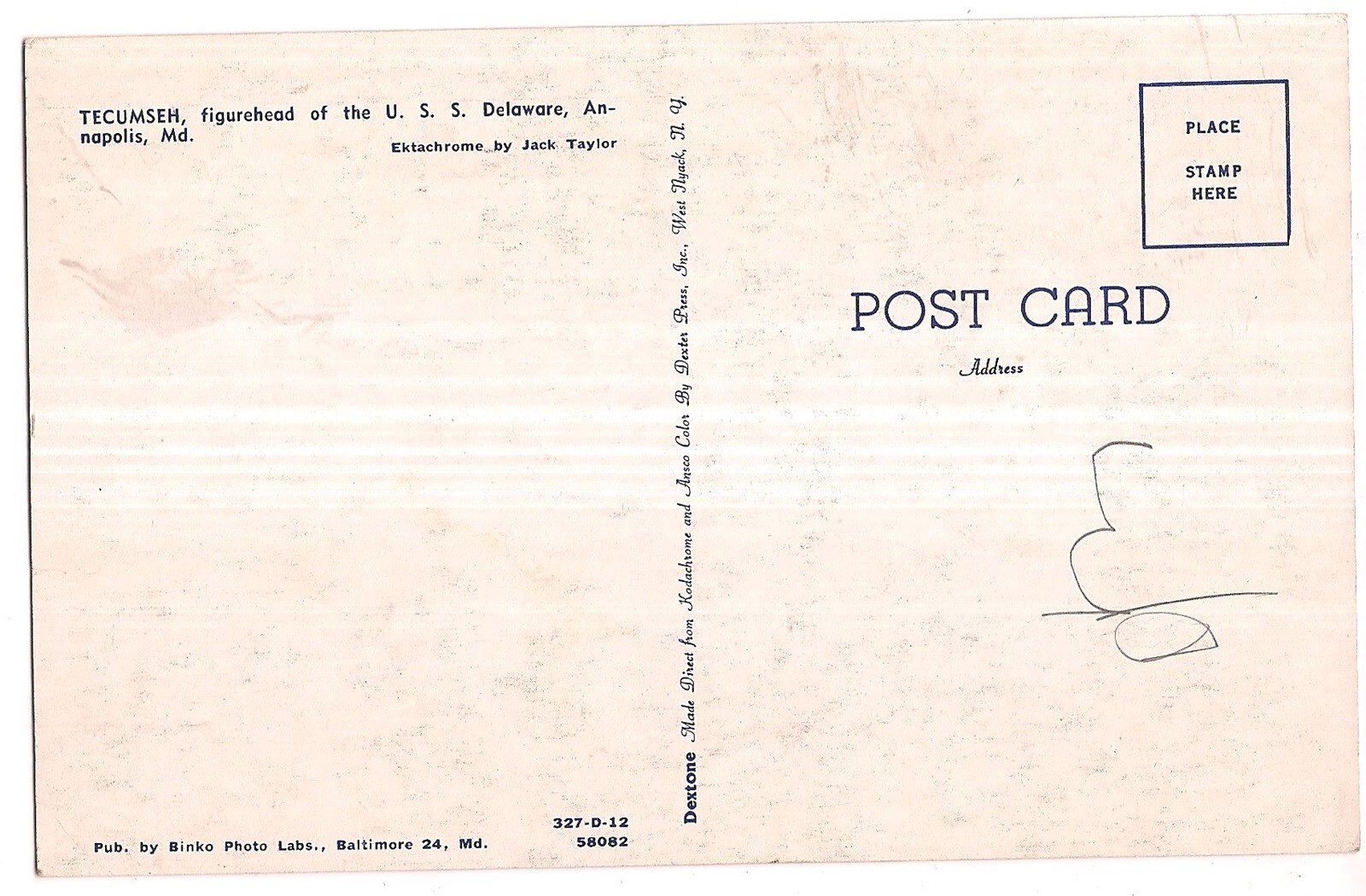 TECUMSEH Of USS Delaware US Naval Academy Annapolis Maryland MD Postcard