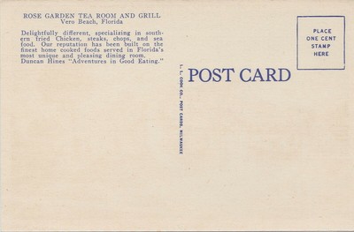 US FL Vero Beach 1930s ROSE GARDEN TEA ROOM and GRILL Motto -Delightful!