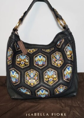 ISABELLA FIORE FOLK TALE FANTASY LEATHER  APPLIQUE CROCHETED SHOULDER BAG $625