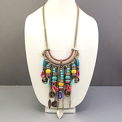 Aldo Statement Necklace Ethnic Beaded Dangles Gold Tone Curb