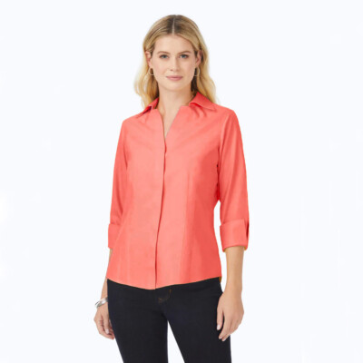 NWOT Foxcroft Non-Iron Pinpoint ''Taylor'' Split Neck Blouse, Coral, 0P, $94
