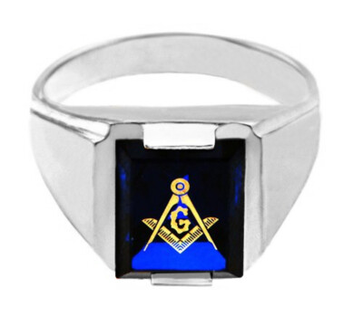 Pre-owned Fdj White Gold Freemason Blue Stone Square And Compass Masonic Mens Ring