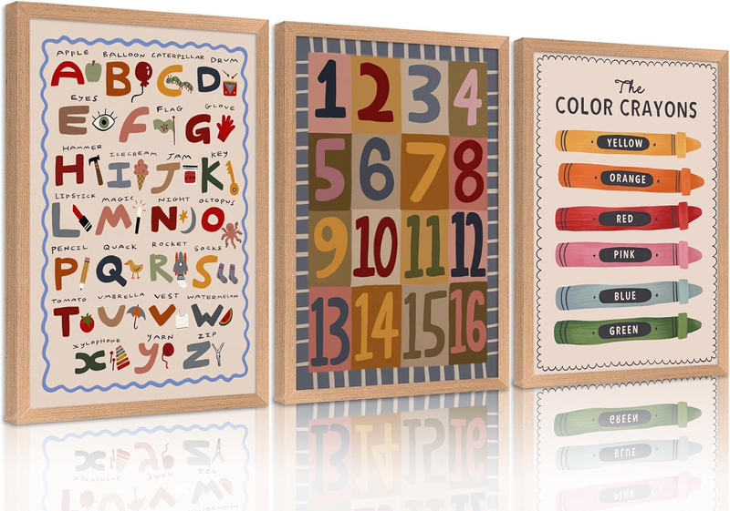 Colorful Crayon Letters & Numbers Wall Art for Boys Nursery - 3 Pcs Framed Set