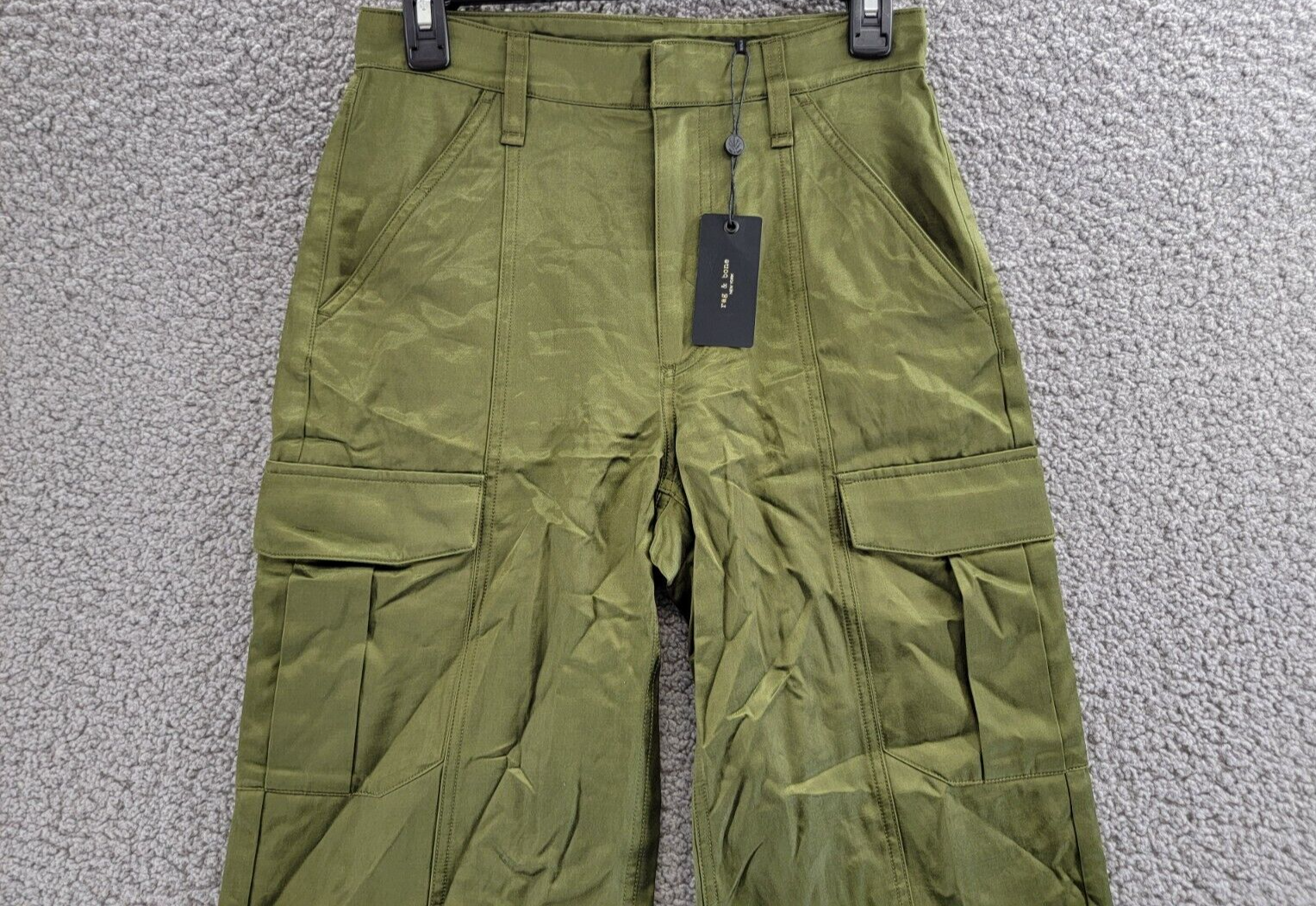 rag & bone Cailyn Satin Cargo Pants Women's 23 Army Green Straight Button Zip - Picture 3 of 18