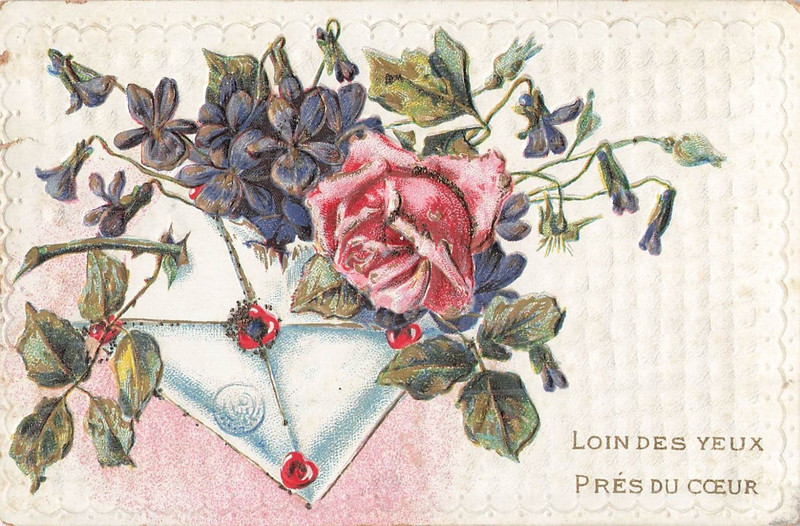 Cp Illustree Gaufree Paillettes Loin Des Yeux Enveloppe Rose Fleurs - 62100