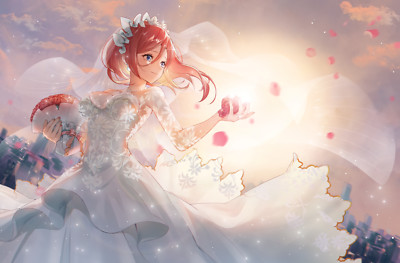 Anime girls blue eyes building cleavage clouds dress playmat gaming mat