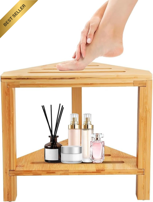 Corner Shower Stool for Shaving Legs – Bamboo Wood Shower Bench with Non-Slip Fe